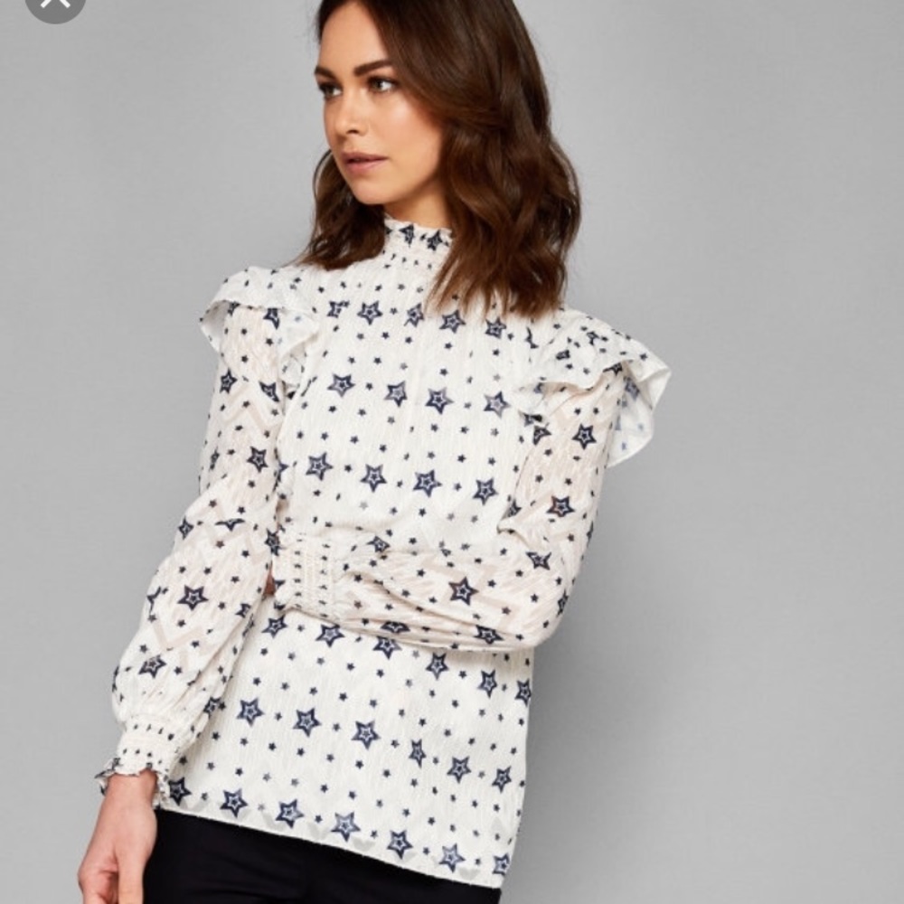 Ted Baker high-neck star printed top with ruffle